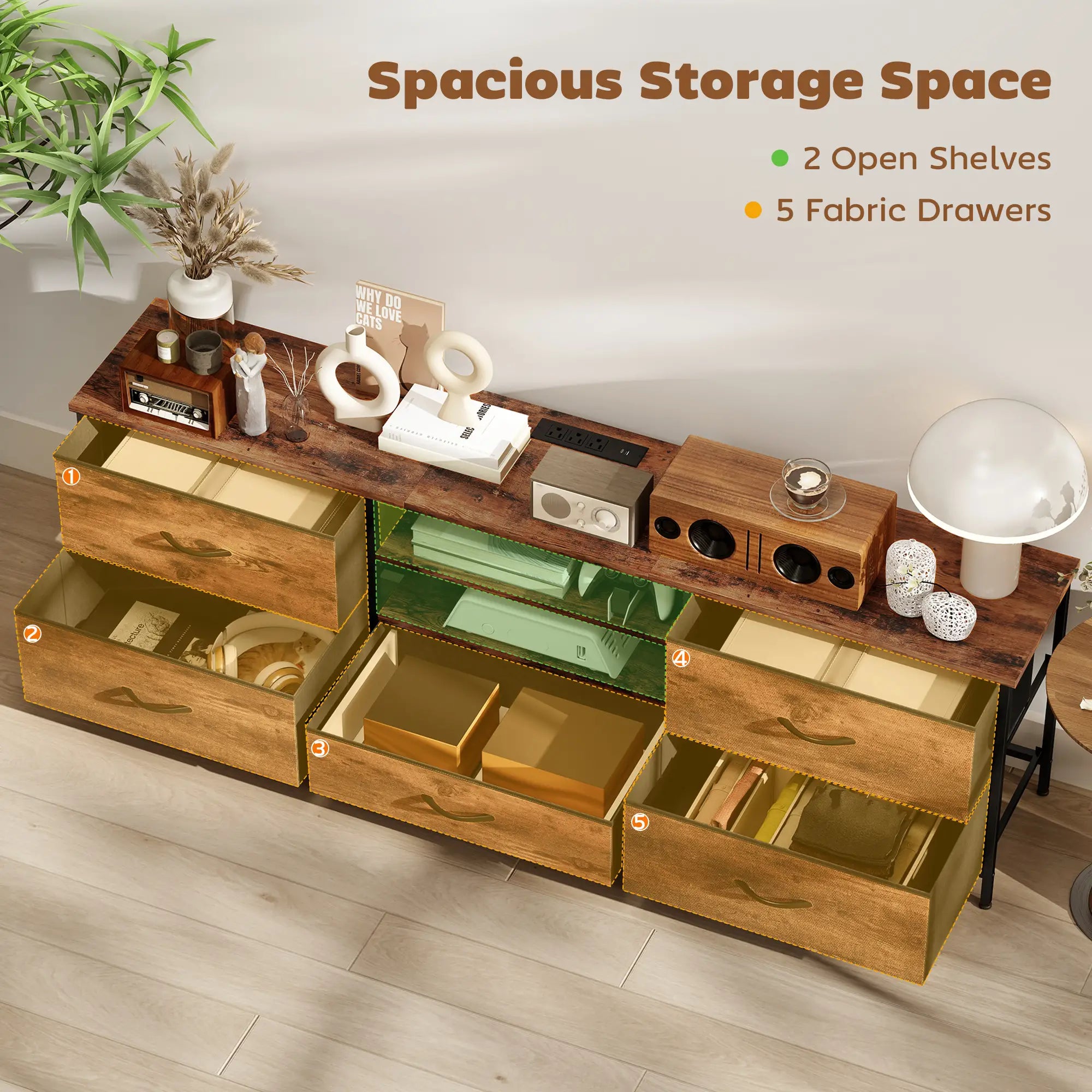 TV Stand For 70 Inch TVs, Industrial Console With Charging Station, 5 Drawers, Rustic Brown TV Stands at Gallery Canada