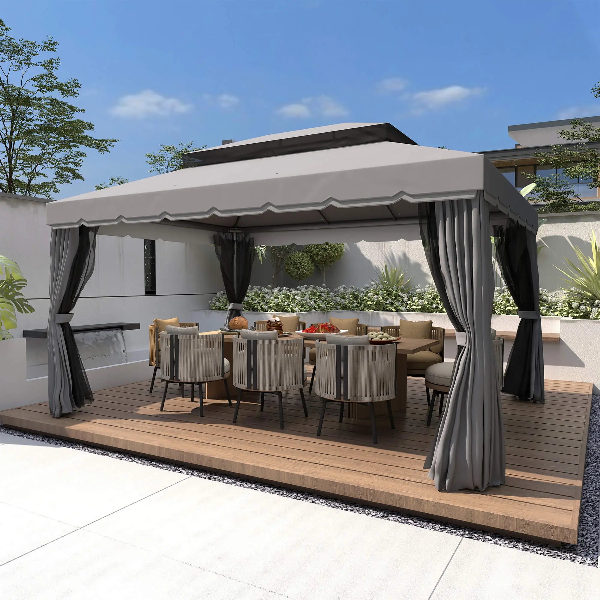 13' x 10' Patio Gazebo, Double Roof Canopy Shelter with Netting, Dark Grey Gazebos at Gallery Canada