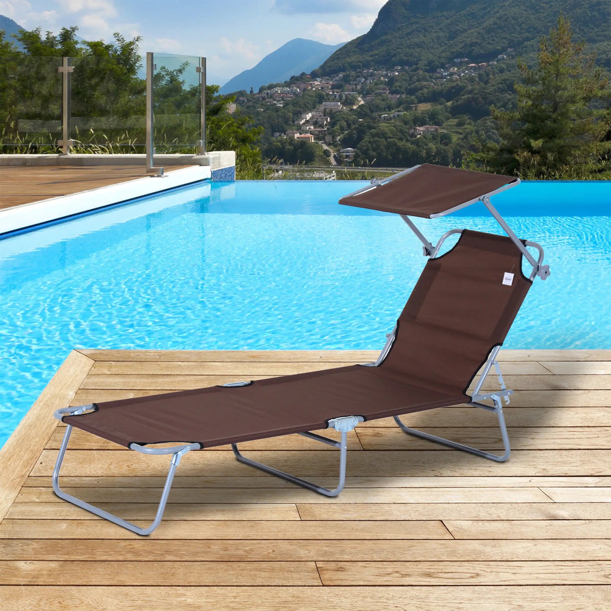 Adjustable Folding Chaise Lounge, Outdoor Tanning Chair with Sun Shade, Brown Lounger Chairs at Gallery Canada