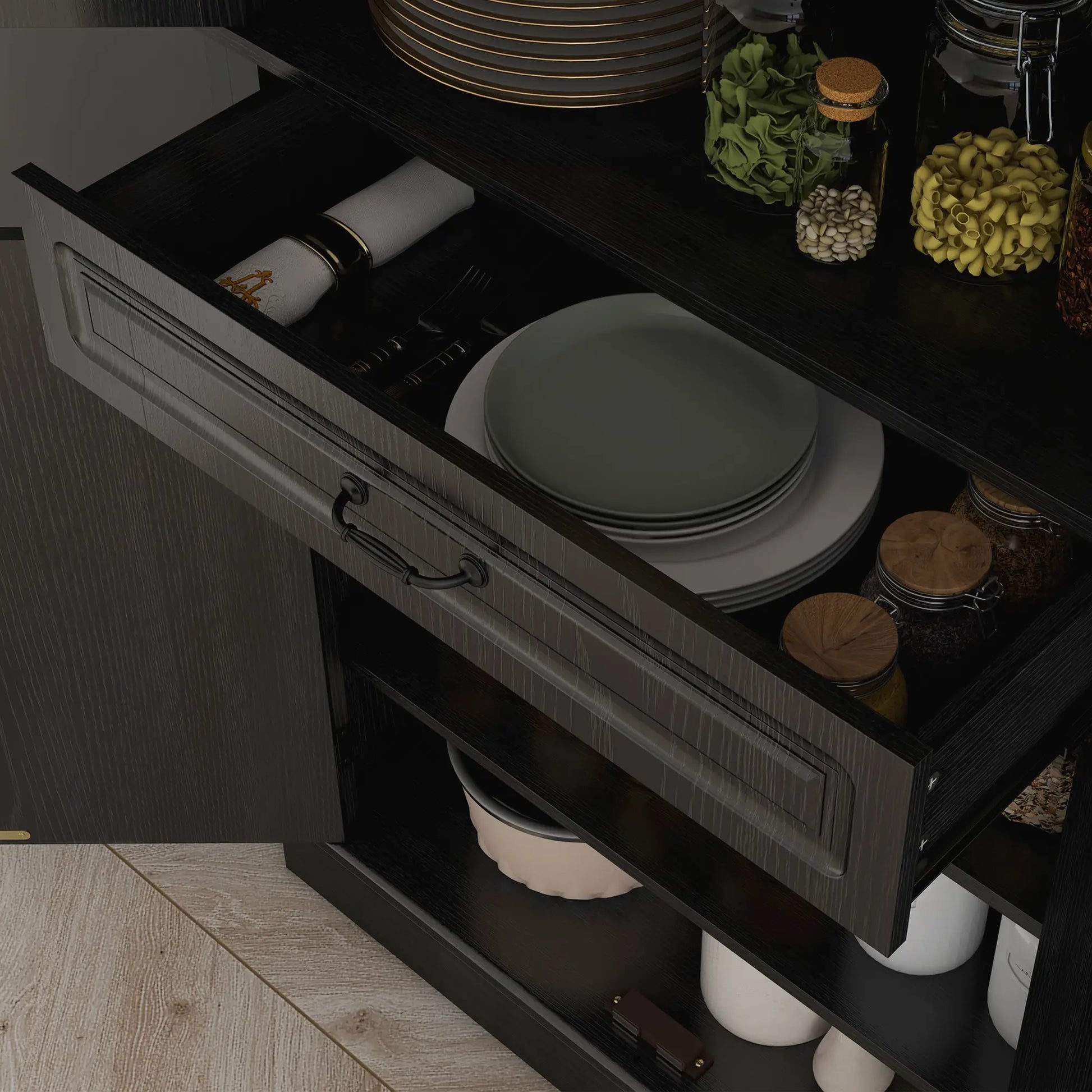 71" Freestanding Kitchen Pantry, 4 Doors 2 Cabinets, Distressed Black, Black Kitchen Pantry Cabinets at Gallery Canada