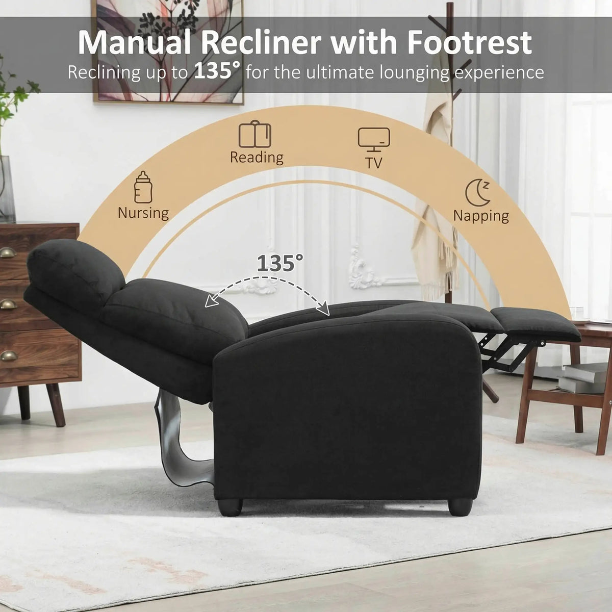 Manual Fabric Recliner Chair, Single Sofa with Padded Seat, Black Single Sofas at Gallery Canada