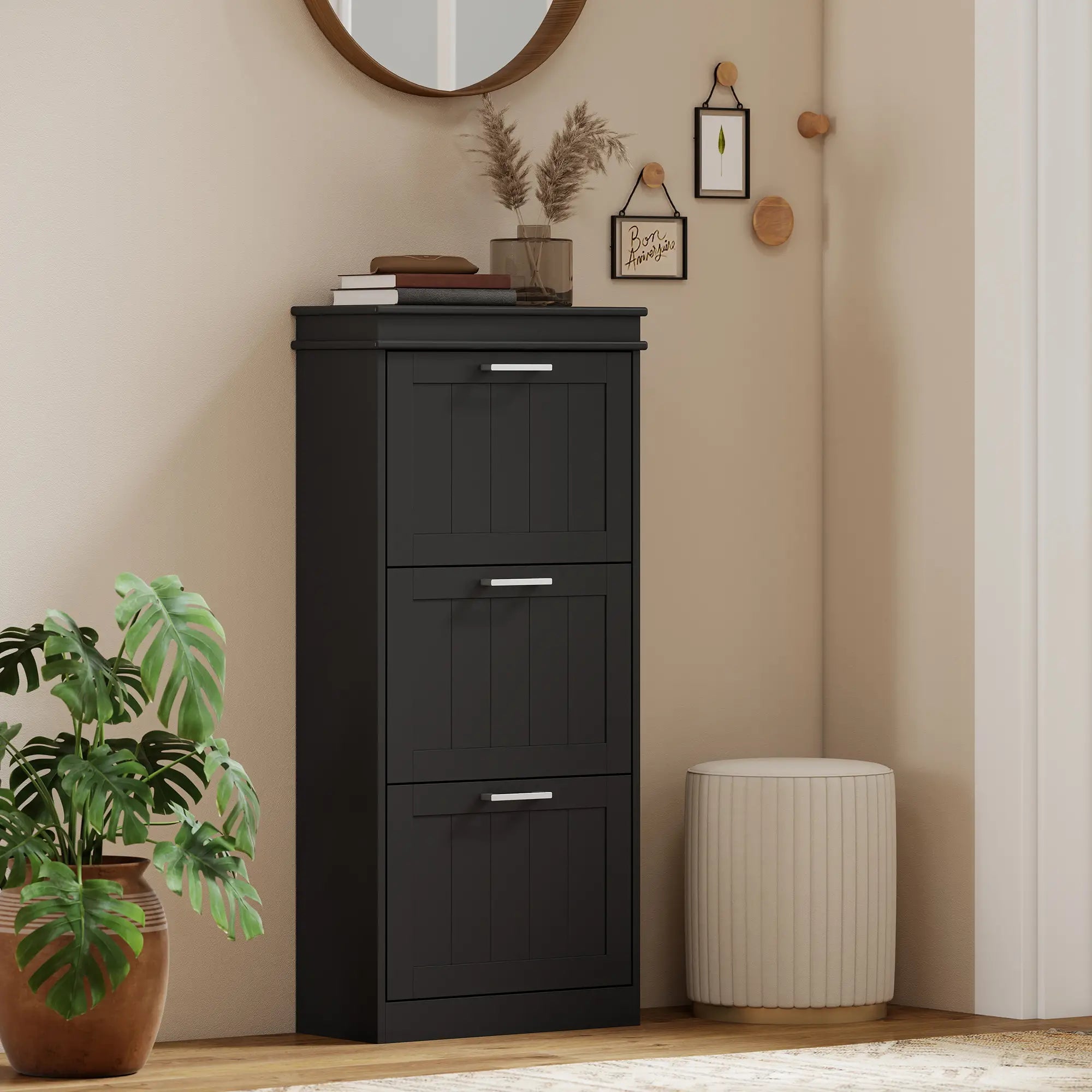 Slim Shoe Cabinet, 3 Flip Drawers, Adjustable Shelves, Holds 15 Pairs, Black Shoe Storage Cabinets & Racks at Gallery Canada