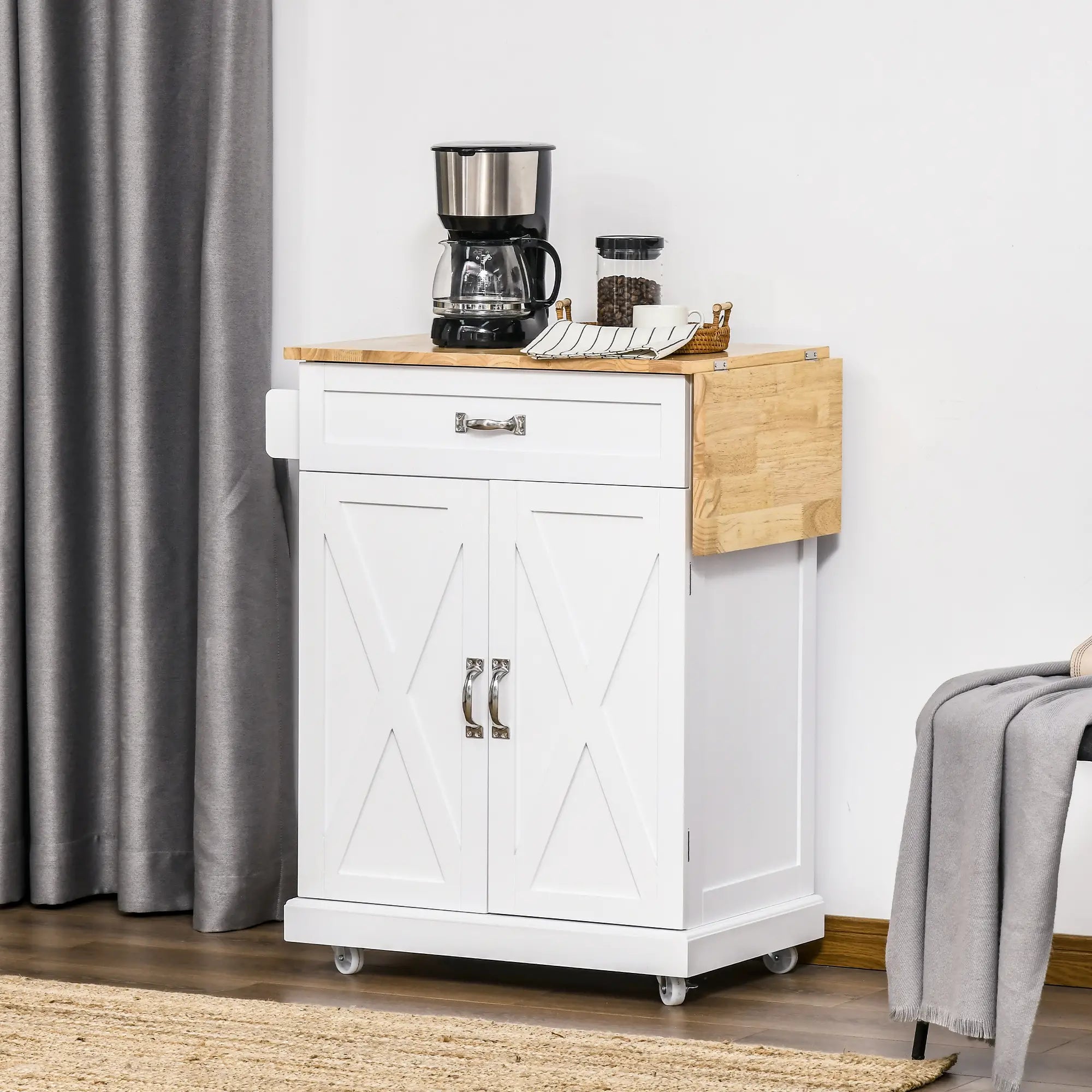 Foldable Kitchen Island with Storage Drawer, Farmhouse Style Rolling Utility Cart, Coffee Bar Cabinet on Wheels with Drop-Leaf Wood Top, White Kitchen Islands & Kitchen Carts at Gallery Canada