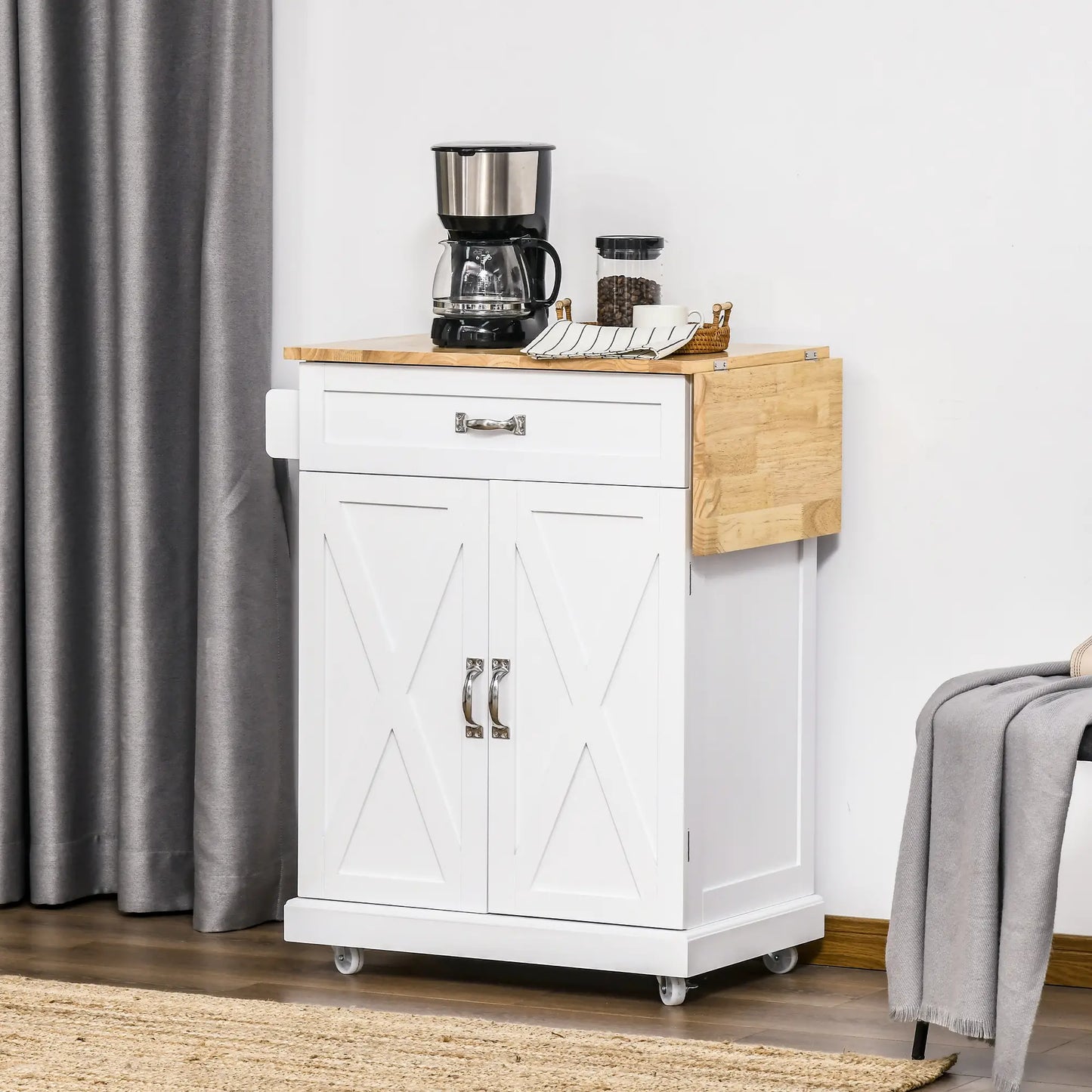 Foldable Kitchen Island with Storage Drawer, Farmhouse Style Rolling Utility Cart, Coffee Bar Cabinet on Wheels with Drop-Leaf Wood Top, White Kitchen Islands & Kitchen Carts at Gallery Canada