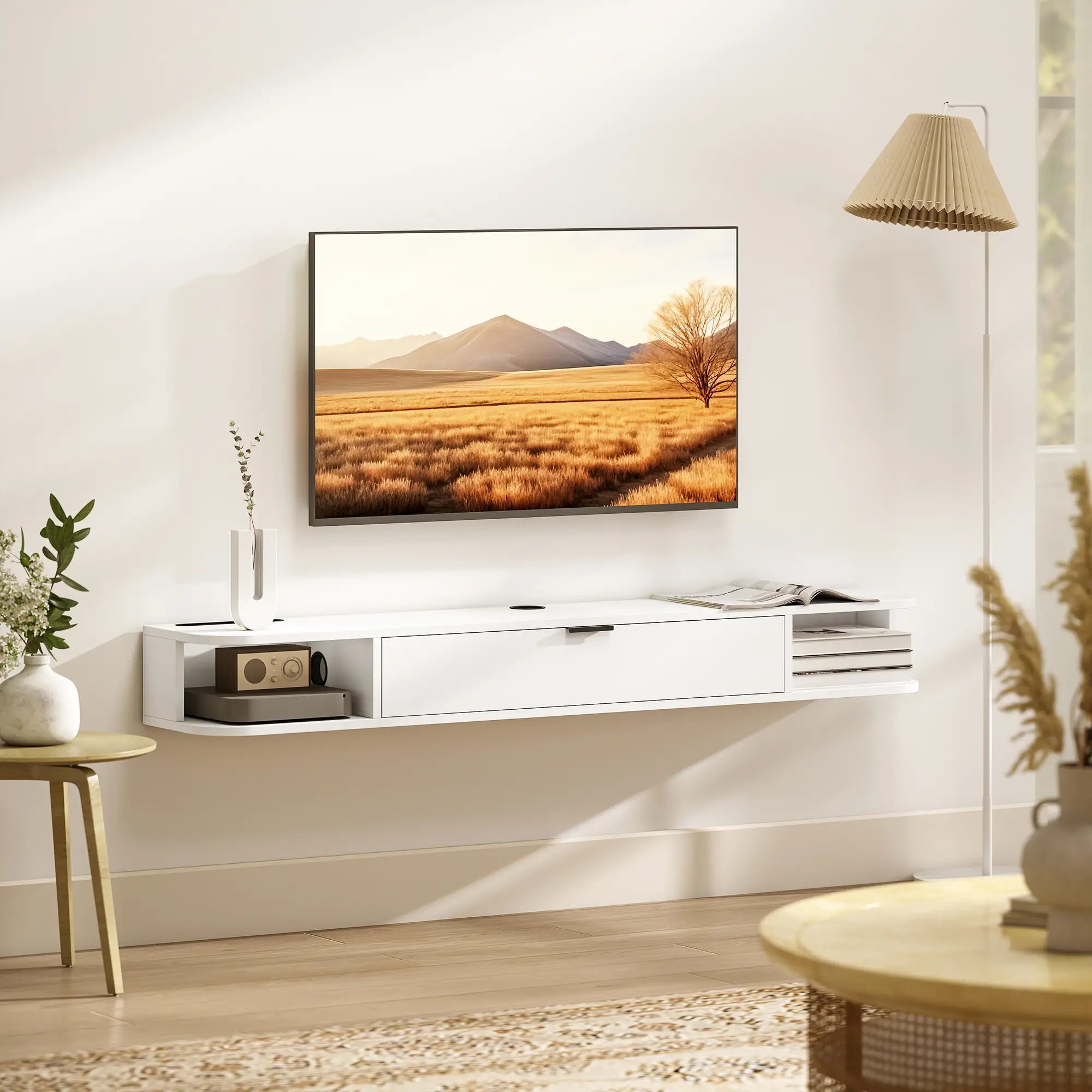 55 Inch Floating TV Stand, Wall Mounted Media Console, Flip Drawer, 2 Shelves, White TV Stands at Gallery Canada