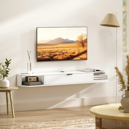 55 Inch Floating TV Stand, Wall Mounted Media Console, Flip Drawer, 2 Shelves, White TV Stands at Gallery Canada