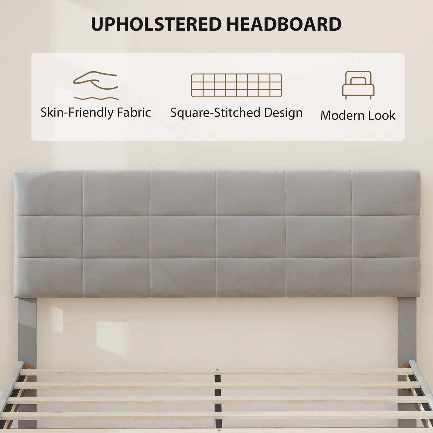 Queen Size Bed Frame, Upholstered Headboard, Wood Slats, 1100 lbs, Grey Bed Frames at Gallery Canada