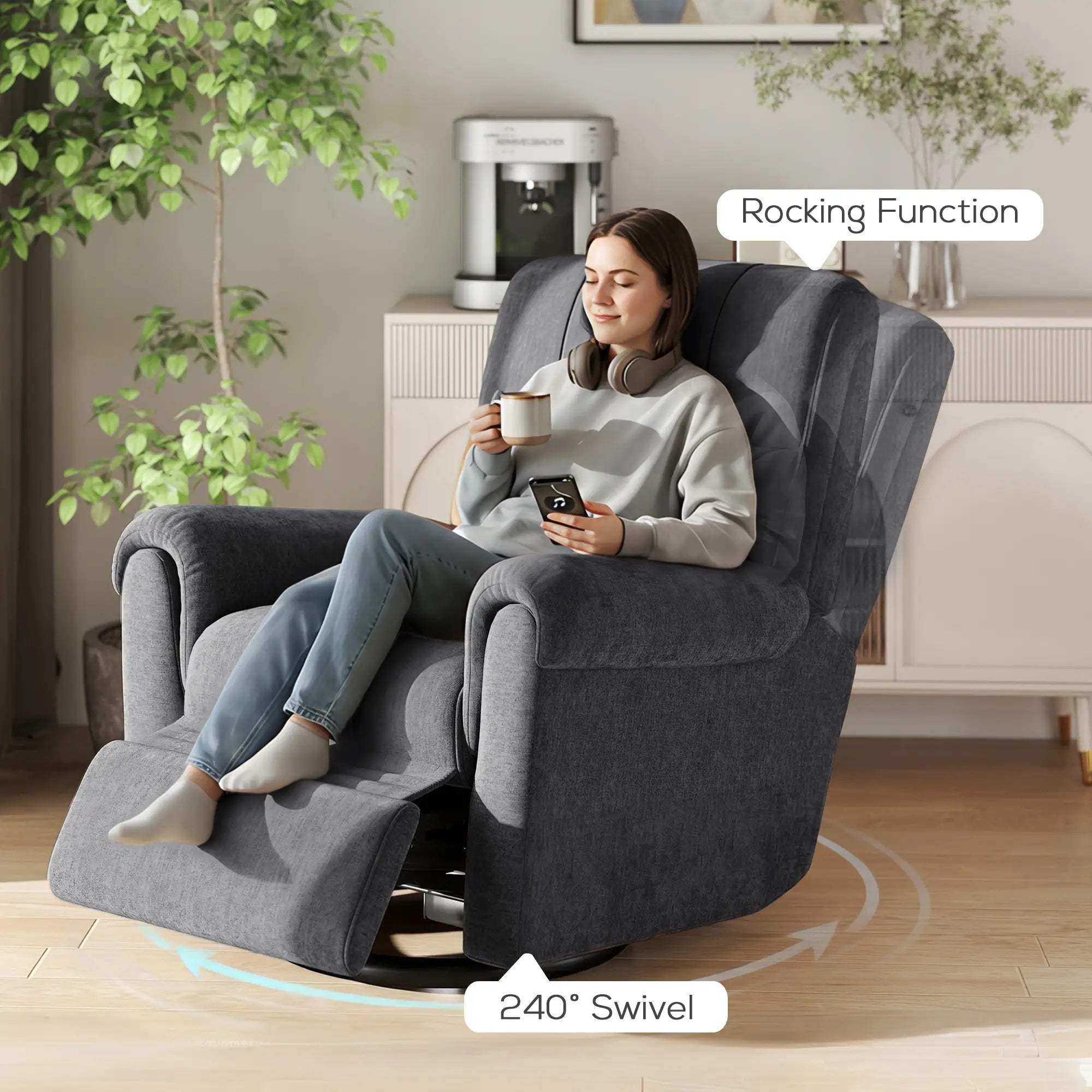 Fabric Recliner Chair, USB Ports, Swivel Rocking Footrest, Dark Grey Single Sofas at Gallery Canada