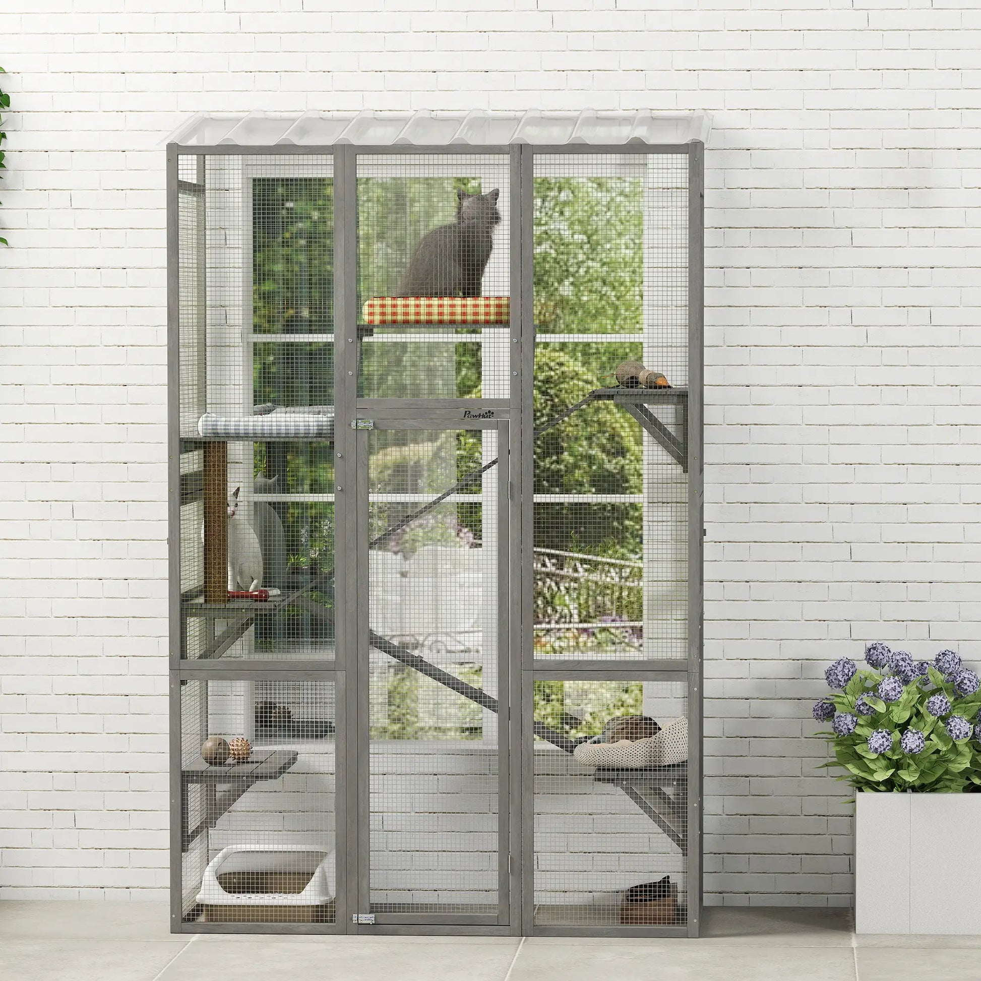 Wooden Catio Outdoor Cat Enclosure, 6 Jumping Platforms, Scratching Post, 2 Ramps, Waterproof Roof, Grey Outdoor Cat Enclosures at Gallery Canada