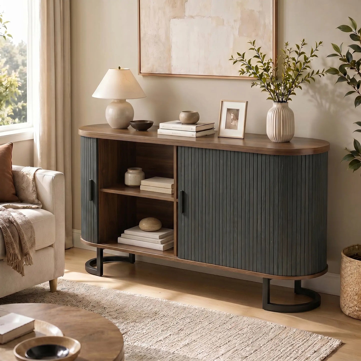 55" Buffet Bahut à Portes Coulissantes Cannetées, Noir