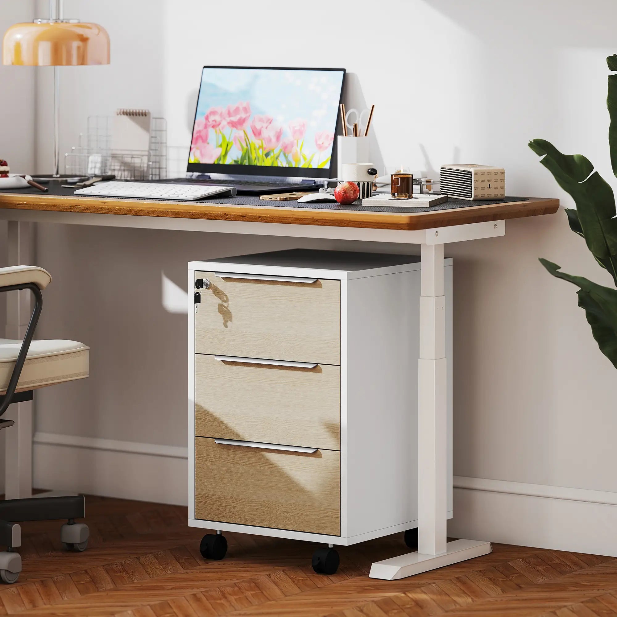 3 Drawer File Cabinet With Wheels, Vertical, Lock, Oak Office Cabinets & Cupboards at Gallery Canada