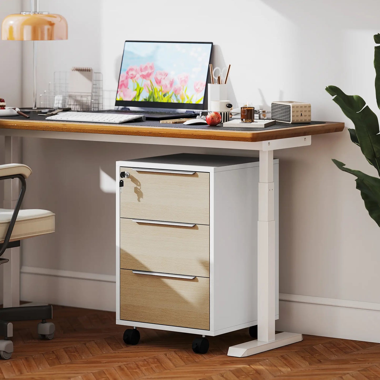 3 Drawer File Cabinet With Wheels, Vertical, Lock, Oak Office Cabinets & Cupboards at Gallery Canada