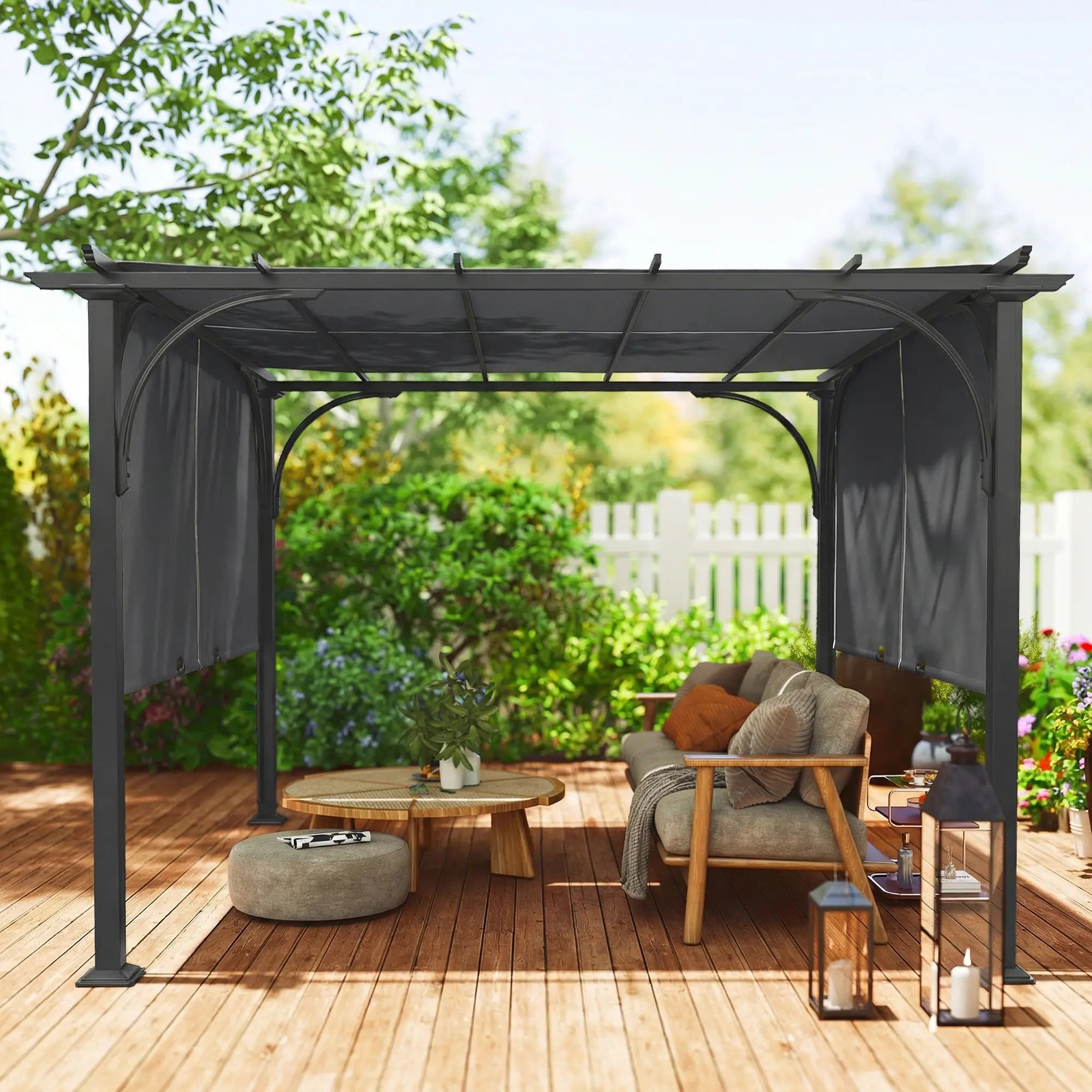 10' x 10' Retractable Pergola Canopy, UPF50+ Outdoor Metal Gazebo, Dark Grey Pergolas at Gallery Canada