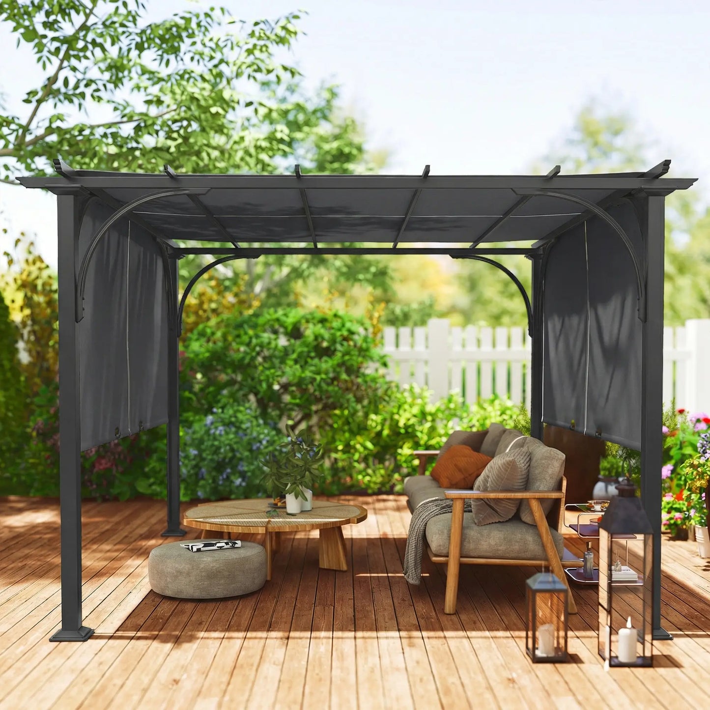 10' x 10' Retractable Pergola Canopy, UPF50+ Outdoor Metal Gazebo, Dark Grey Pergolas at Gallery Canada