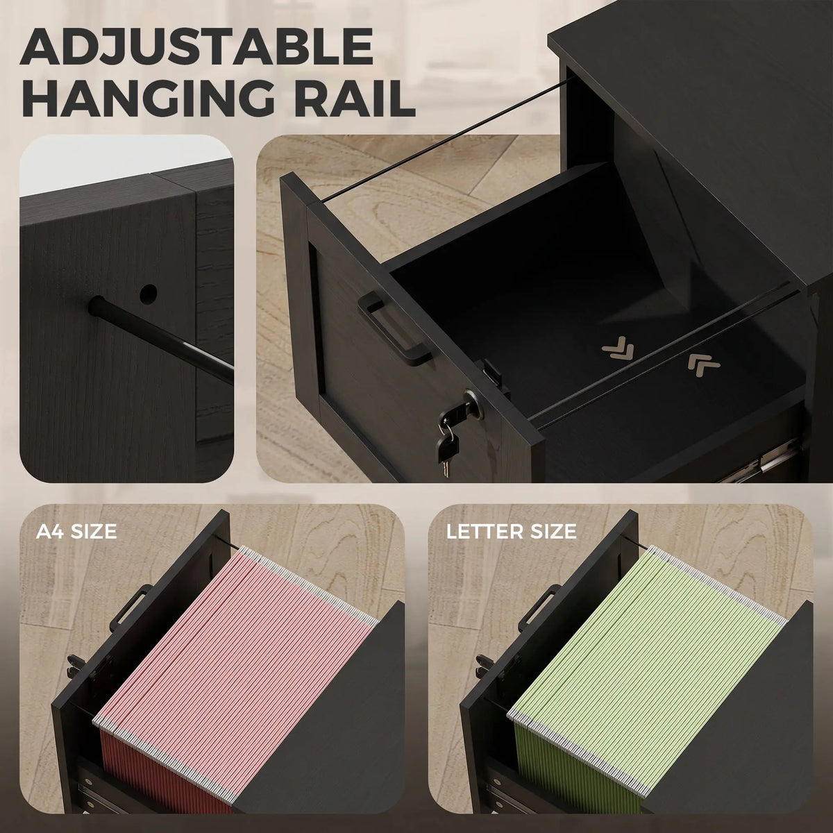 Vertical Filing Cabinet, 2 Drawers, Lock, A4 Letter, Black