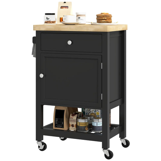 Rolling Kitchen Cart, Wood Top with Towel Rack, Drawer, Shelf, Black Kitchen Islands & Kitchen Carts Black, Oak at Gallery Canada