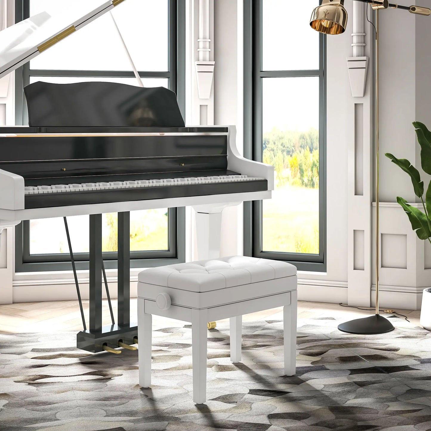 Adjustable Piano Bench, Storage, Soft PU Leather Padded, White Piano Benches at Gallery Canada