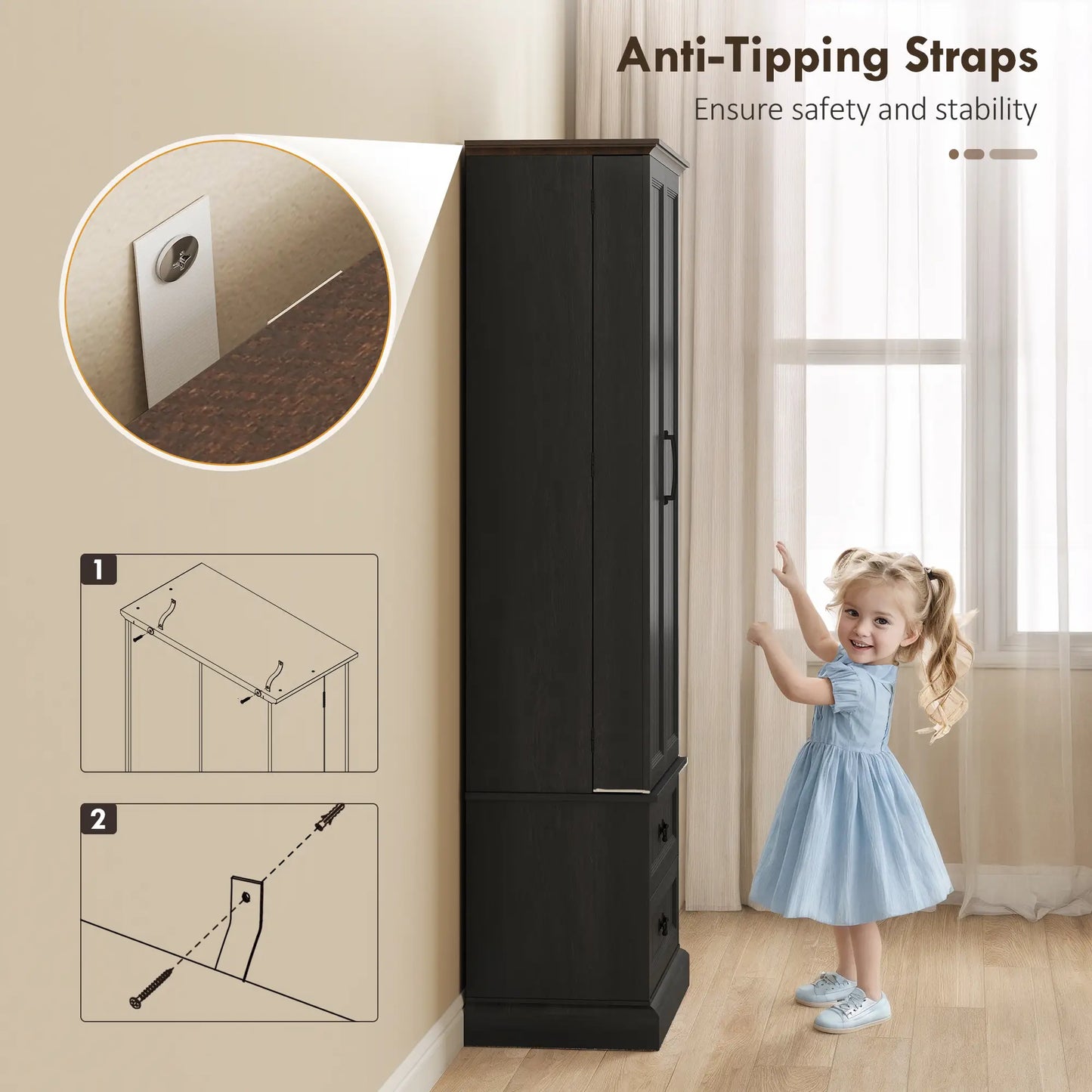 72 Inch LED Kitchen Pantry Cabinet, 10 Shelves, 2 Drawers, Black Kitchen Pantry Cabinets at Gallery Canada