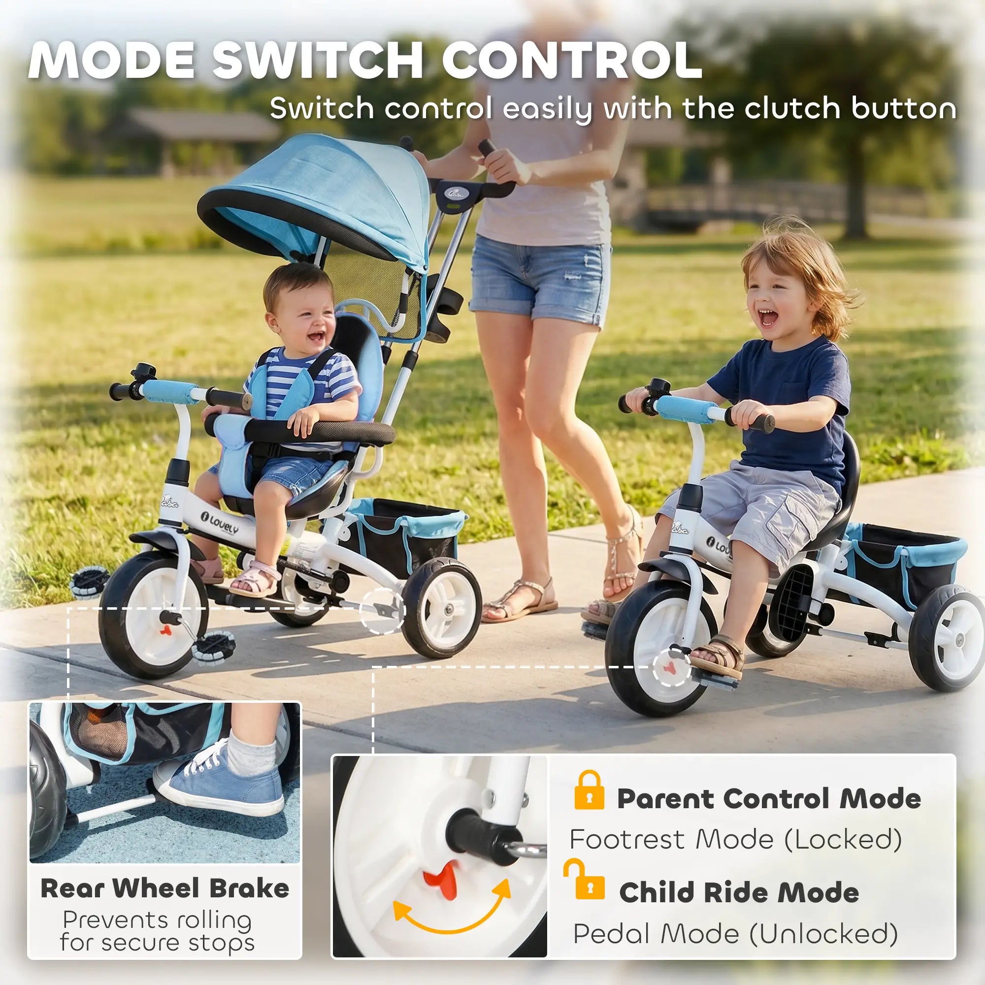6 in 1 Toddler Tricycle Stroller, Basket, Canopy, 5-Point Harness, 12-60 Months, Blue Tricycles for Kids at Gallery Canada