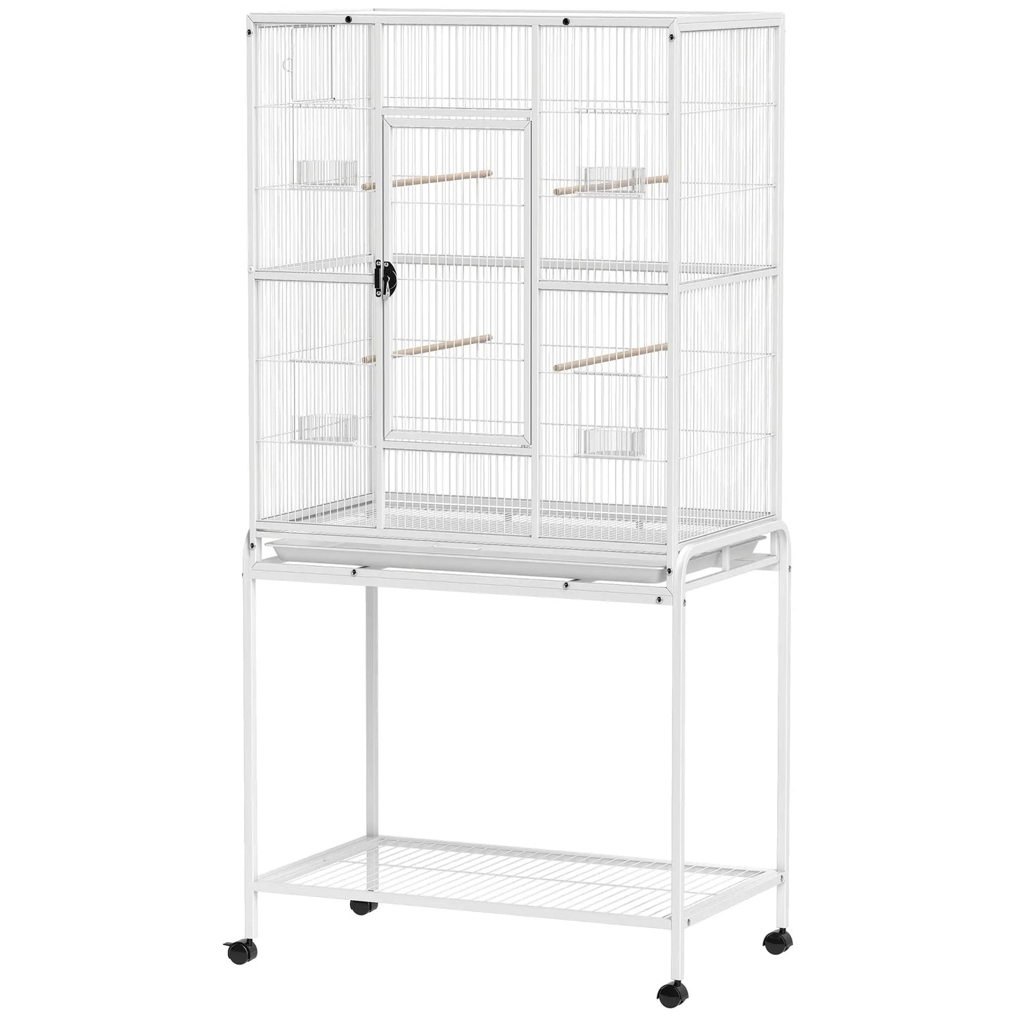 64" Large Rolling Bird Cage With Stand, Shelf, Perch, Food Container, White Bird Cages White at Gallery Canada