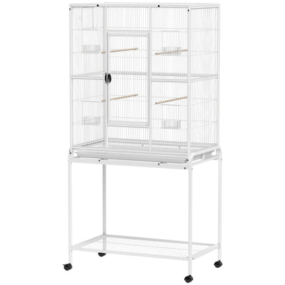 64" Large Rolling Bird Cage With Stand, Shelf, Perch, Food Container, White Bird Cages White at Gallery Canada