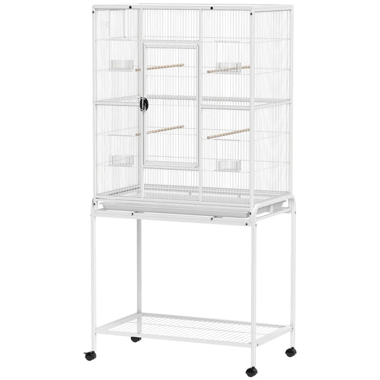 64" Large Rolling Bird Cage With Stand, Shelf, Perch, Food Container, White Bird Cages White at Gallery Canada