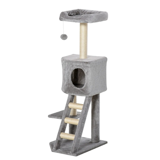 47" Tall Cat Tree Tower with Condo, Ladder, Scratching Posts, Light Grey Cat Towers Light grey(Plush), Beige(Sisal rope) at Gallery Canada