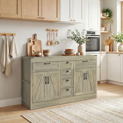 55" Farmhouse Sideboard Buffet Cabinet, 4 Barn Doors, 6 Drawers, Grey Bar Cabinets at Gallery Canada