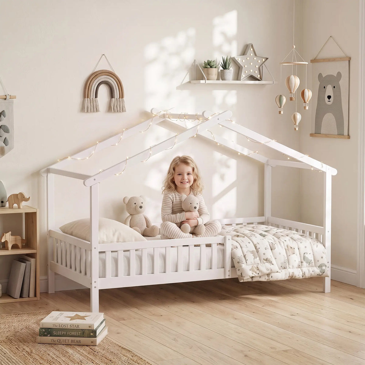 Twin Bed Frame, Solid Wood House Bed with Roof, Guardrail, No Box Spring, White Kids Bedroom Furniture at Gallery Canada