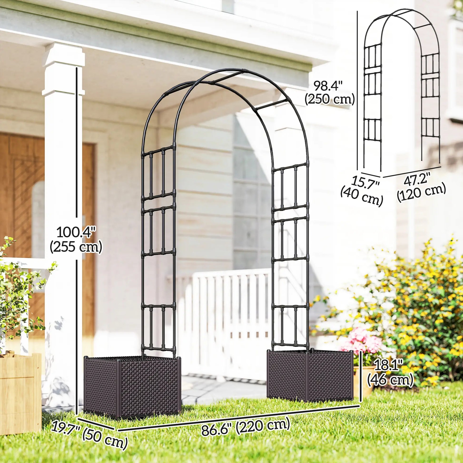 8ft Garden Arch with Planters, Steel Trellis Arbor, Brown, Black Garden Arches at Gallery Canada