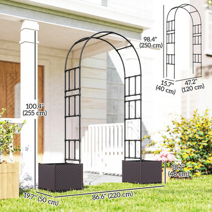8ft Garden Arch with Planters, Steel Trellis Arbor, Brown, Black Garden Arches at Gallery Canada