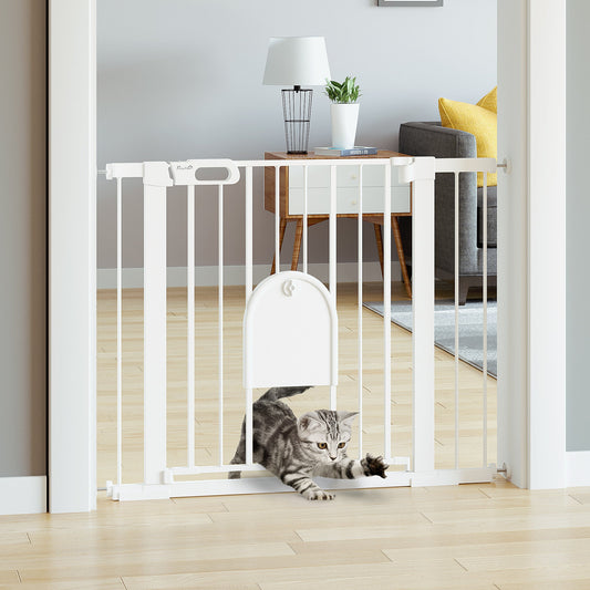 30"-41" Extra Wide Pet Gate with Small Door, Dog Gate with Cat Door, Safety Gate Barrier, Stair Pressure Fit, w/ Auto Close, Double Locking, for Doorways, Hallways, Extensions Kit, White - Gallery Canada