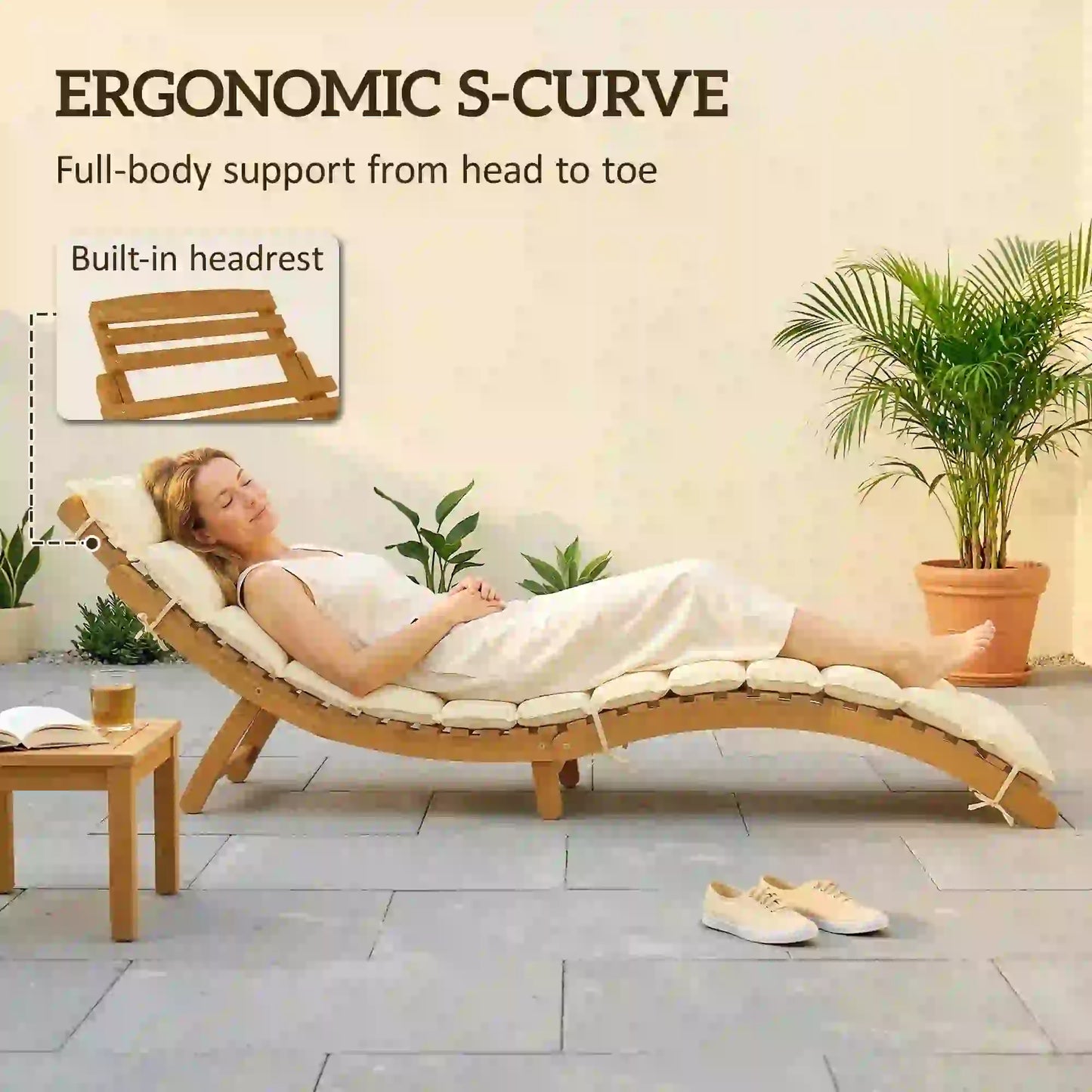 Folding Chaise Lounge Chair, Acacia Wood, Tanning, Cream White Lounger Chairs at Gallery Canada