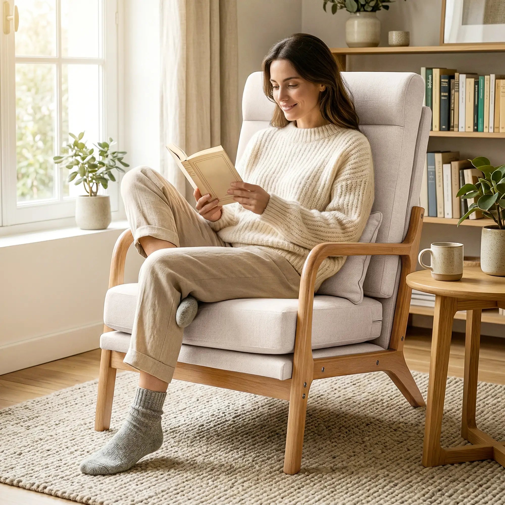 Modern Accent Chair, Linen Armchair with Lumbar Pillow, High Back, Wide Seat, Thick Cushion, Solid Wood Frame, Cream White Accent Chairs at Gallery Canada