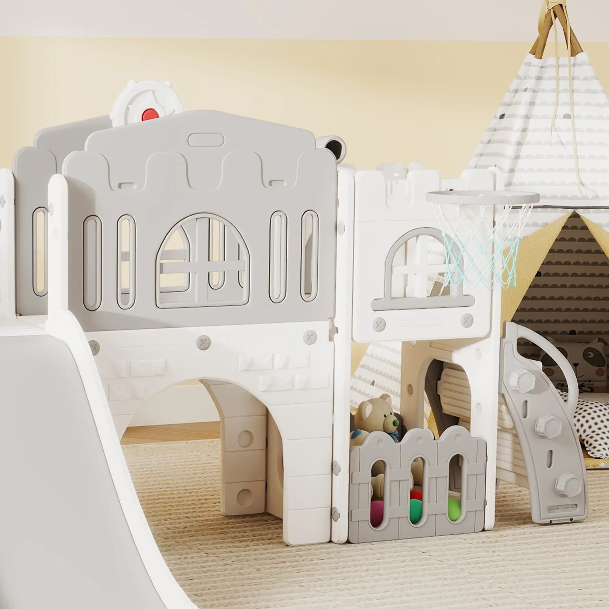 7-In-1 Toddler Slide With Basketball Hoop, Climber, Tunnel, Grey Gym Sets & Swings at Gallery Canada