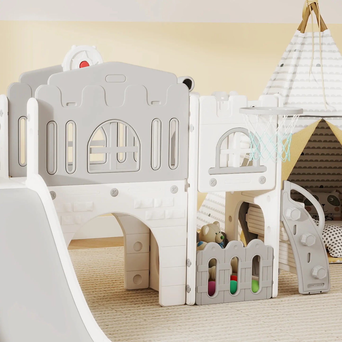 7-In-1 Toddler Slide With Basketball Hoop, Climber, Tunnel, Grey Gym Sets & Swings at Gallery Canada