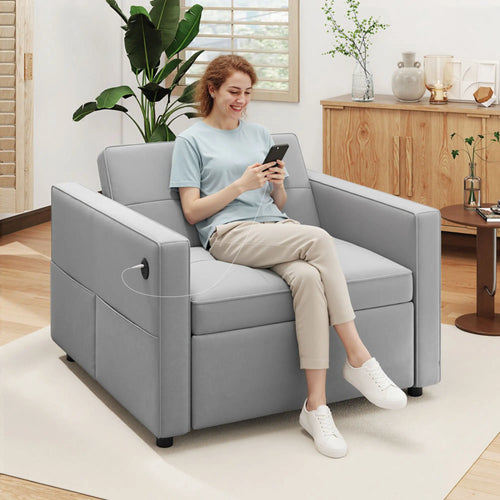 Convertible Chair Bed, Pull Out Sleeper with USB, Adjustable Backrest, Velvet Futon, Grey