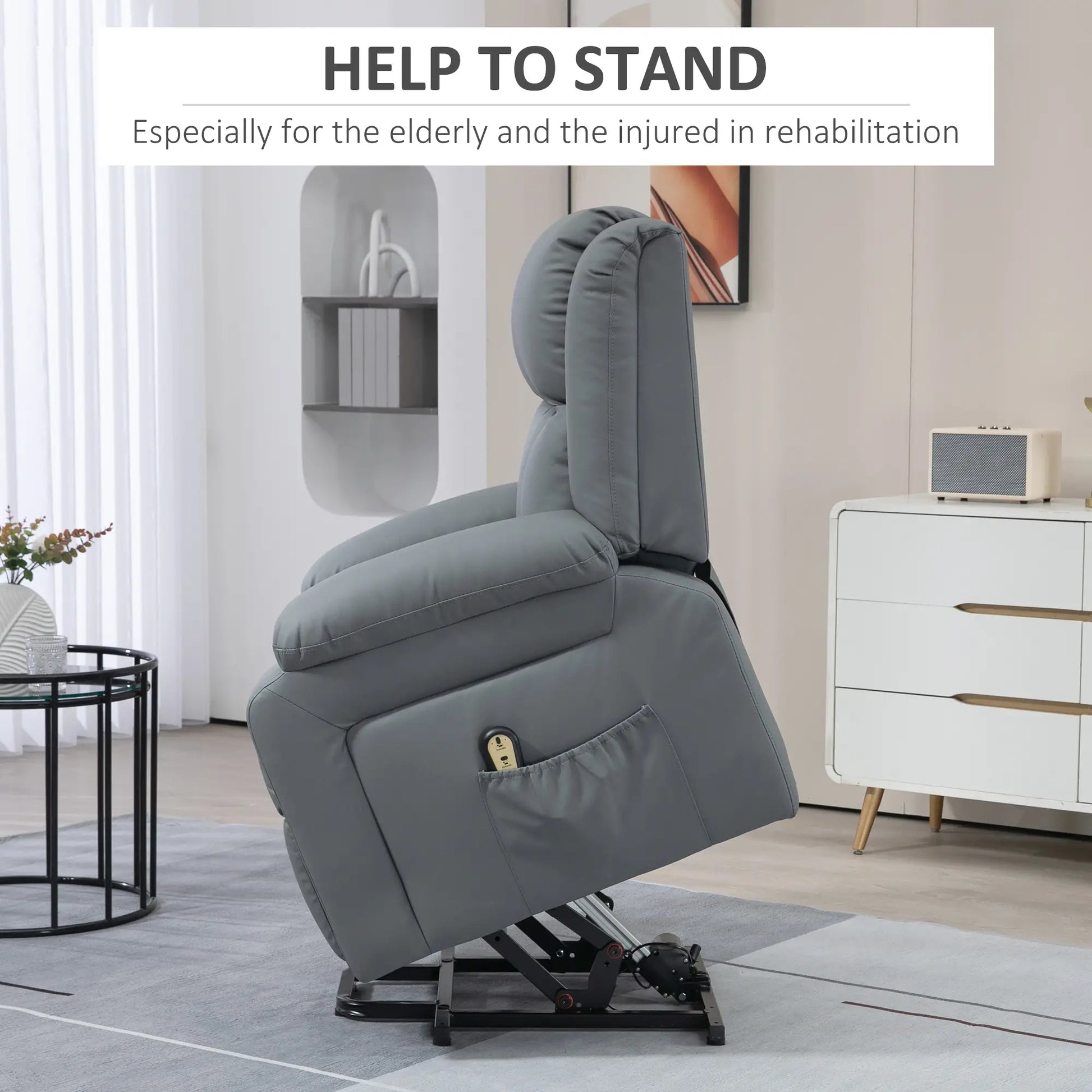 Electric Recliner Chair, PU Leather, Remote, Side Pockets, Grey Electric Power Lift Chairs at Gallery Canada