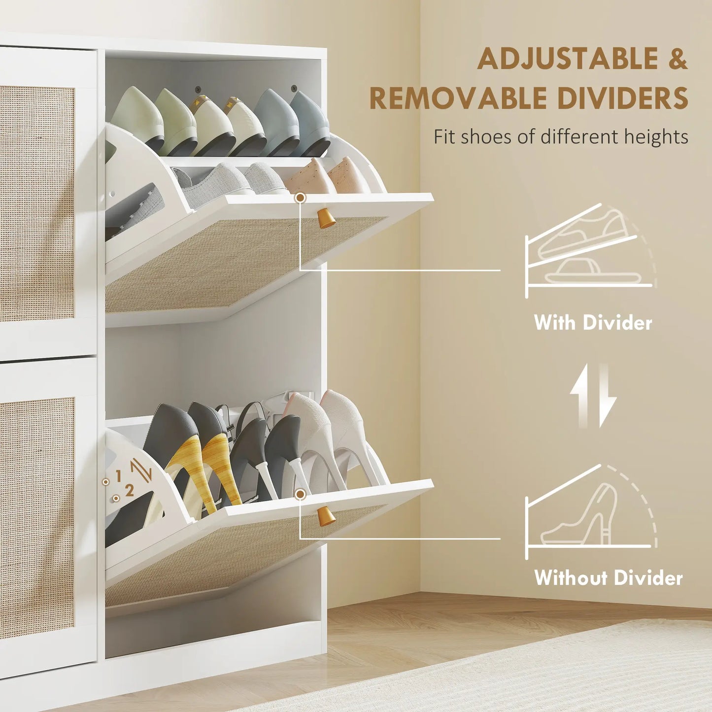 Narrow Shoe Storage Cabinet, 4 Flip Drawers, Adjustable Shelves, 20 Pairs, White Shoe Storage Cabinets & Racks at Gallery Canada
