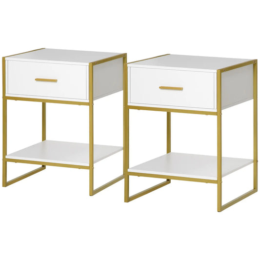 Modern Nightstand Set of 2, Bedside Table with Drawer, Shelf, White Bedside Tables White, Gold at Gallery Canada
