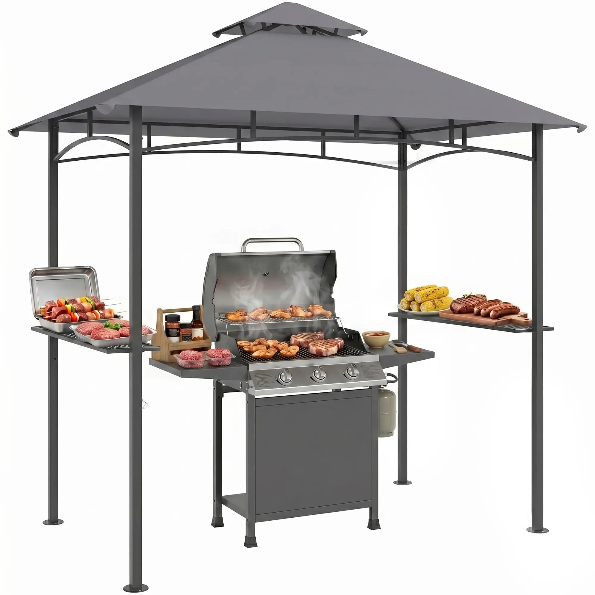 8' x 5' BBQ Grill Gazebo Tent, Double Tiered Canopy, Outdoor Sun Shade, Grey BBQ Grill Gazebos at Gallery Canada