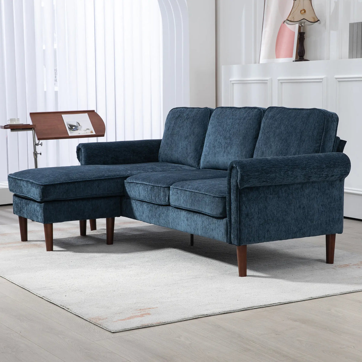 L Shape Sofa, Modern Sectional Couch, Changeable Chaise, Wooden Legs, Dark Blue 3-Seater Sofas at Gallery Canada