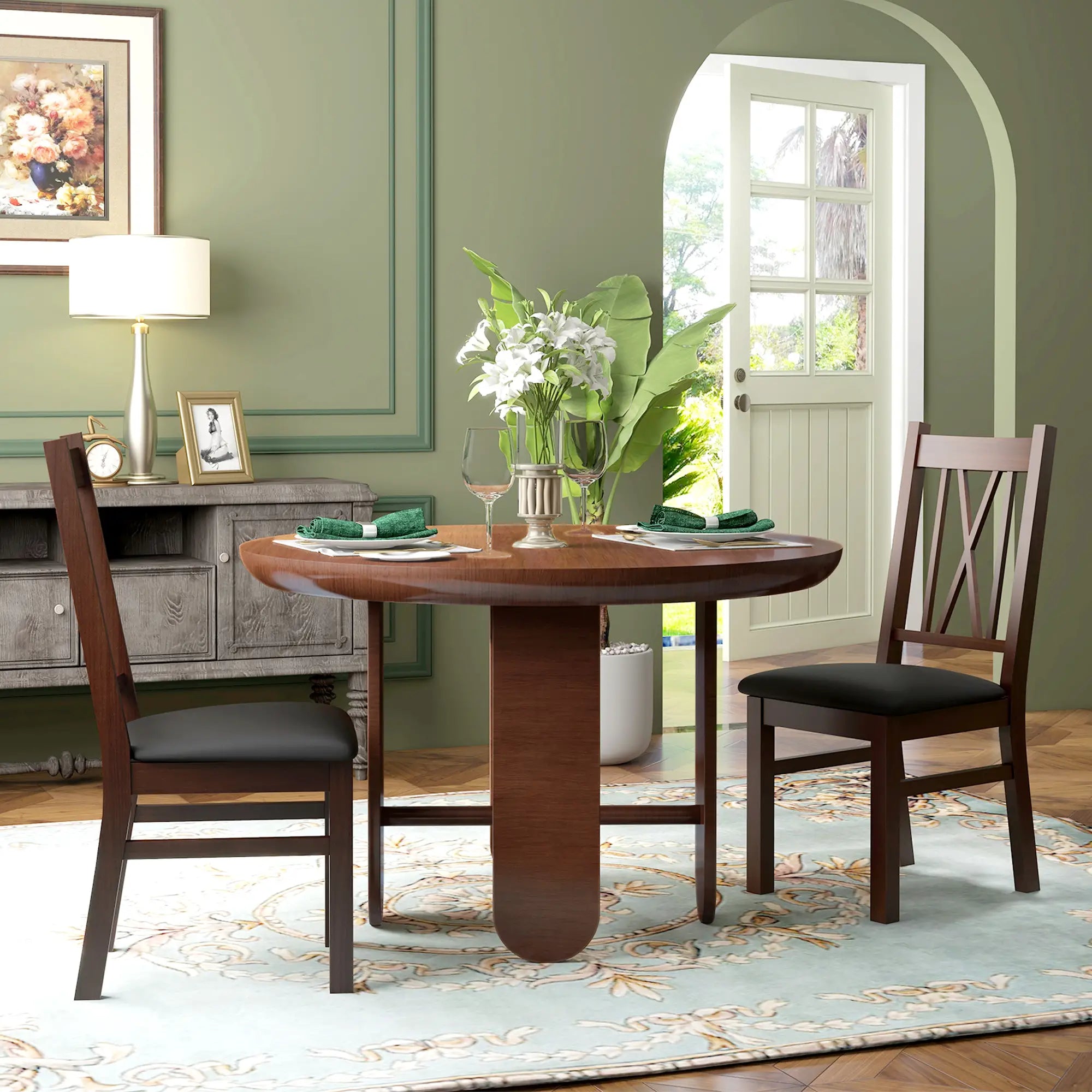 Farmhouse Dining Table Chairs Set of 2, Pine Wood, PU Leather Cushion Bar Stools at Gallery Canada