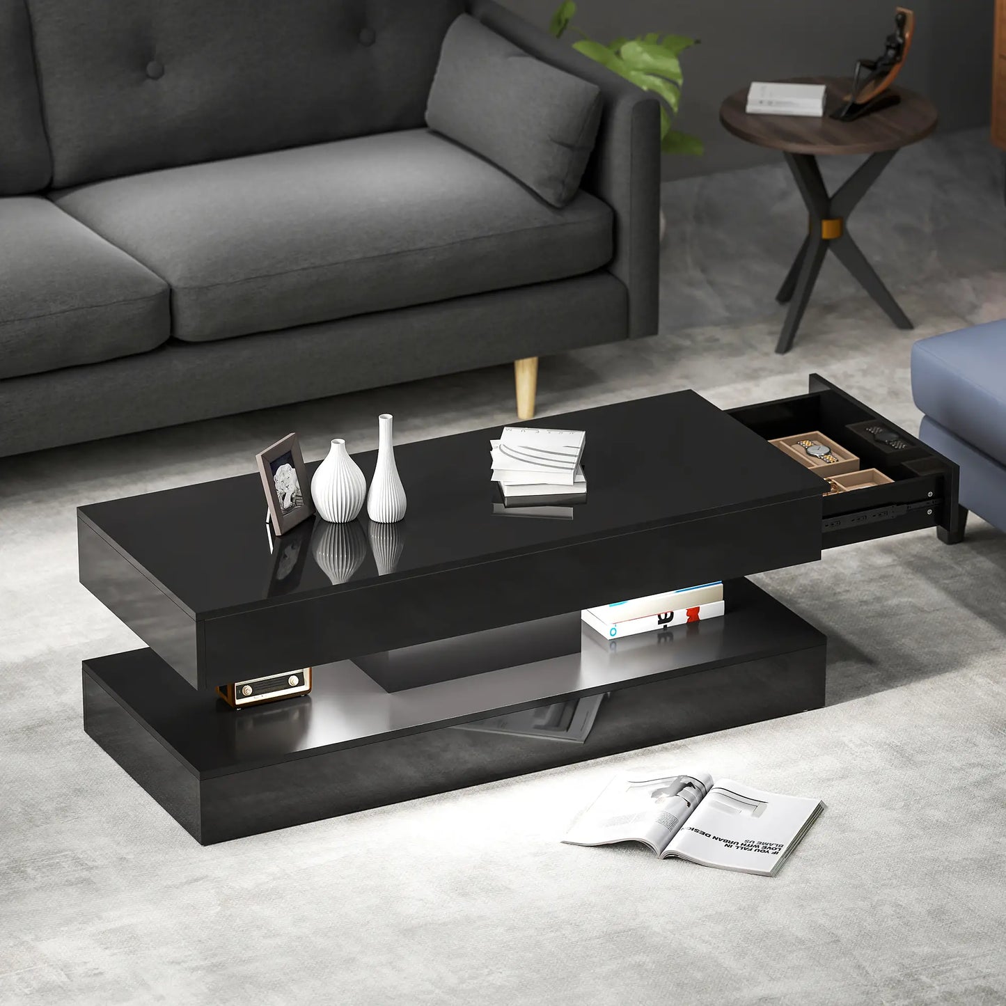 Adjustable LED Coffee Table, Modern Living Room Table, 2 Drawers, Open Shelf, Remote, High Gloss Black Coffee Tables at Gallery Canada