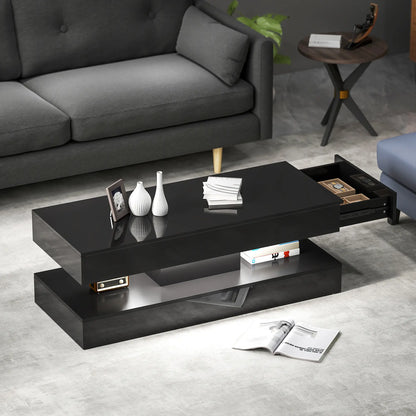 Adjustable LED Coffee Table, Modern Living Room Table, 2 Drawers, Open Shelf, Remote, High Gloss Black Coffee Tables at Gallery Canada