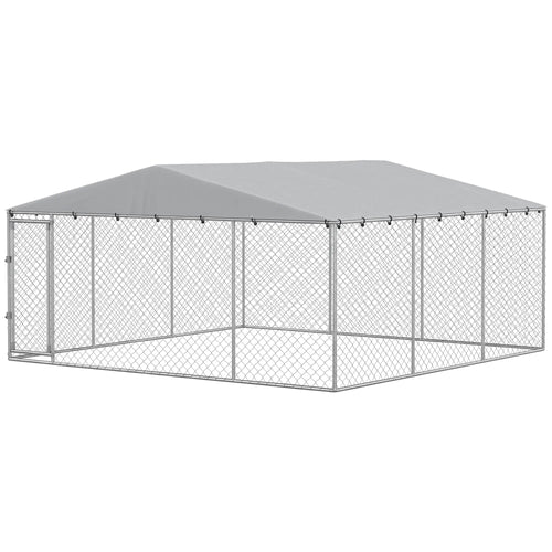 13.1' X 13.1' X 6.6' Outdoor Dog Kennel, Galvanized Steel, Silver