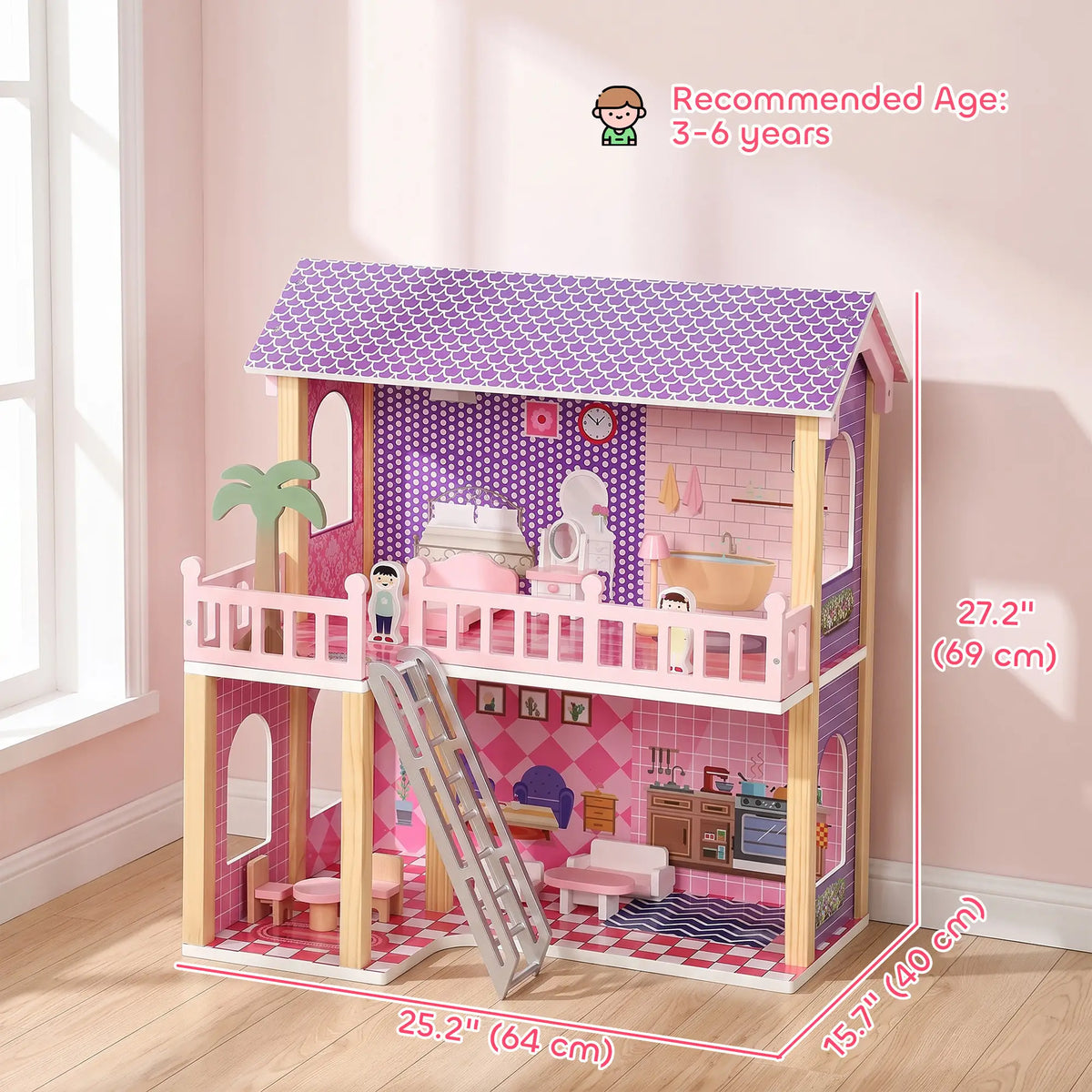Qaba Wooden Doll House for Girls with 5 Rooms, Dolls, Furniture, DIY Pretend Dollhouse Playset, Gift for Kids Ages 3-6, Pink Play Houses at Gallery Canada