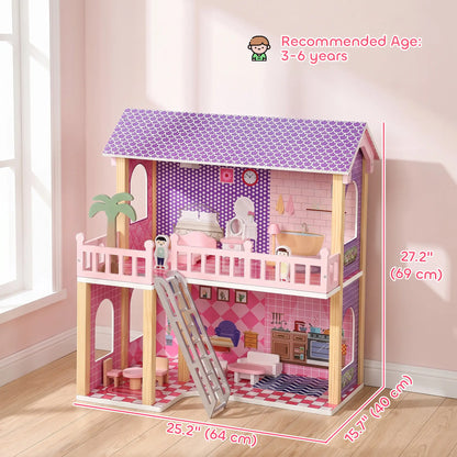 Qaba Wooden Doll House for Girls with 5 Rooms, Dolls, Furniture, DIY Pretend Dollhouse Playset, Gift for Kids Ages 3-6, Pink Play Houses at Gallery Canada