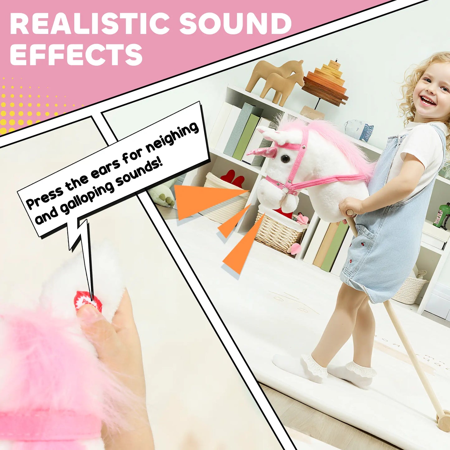 Unicorn Stick Horse, Plush with Wood Wheels, Neighing Sounds, White Rocking Horses at Gallery Canada