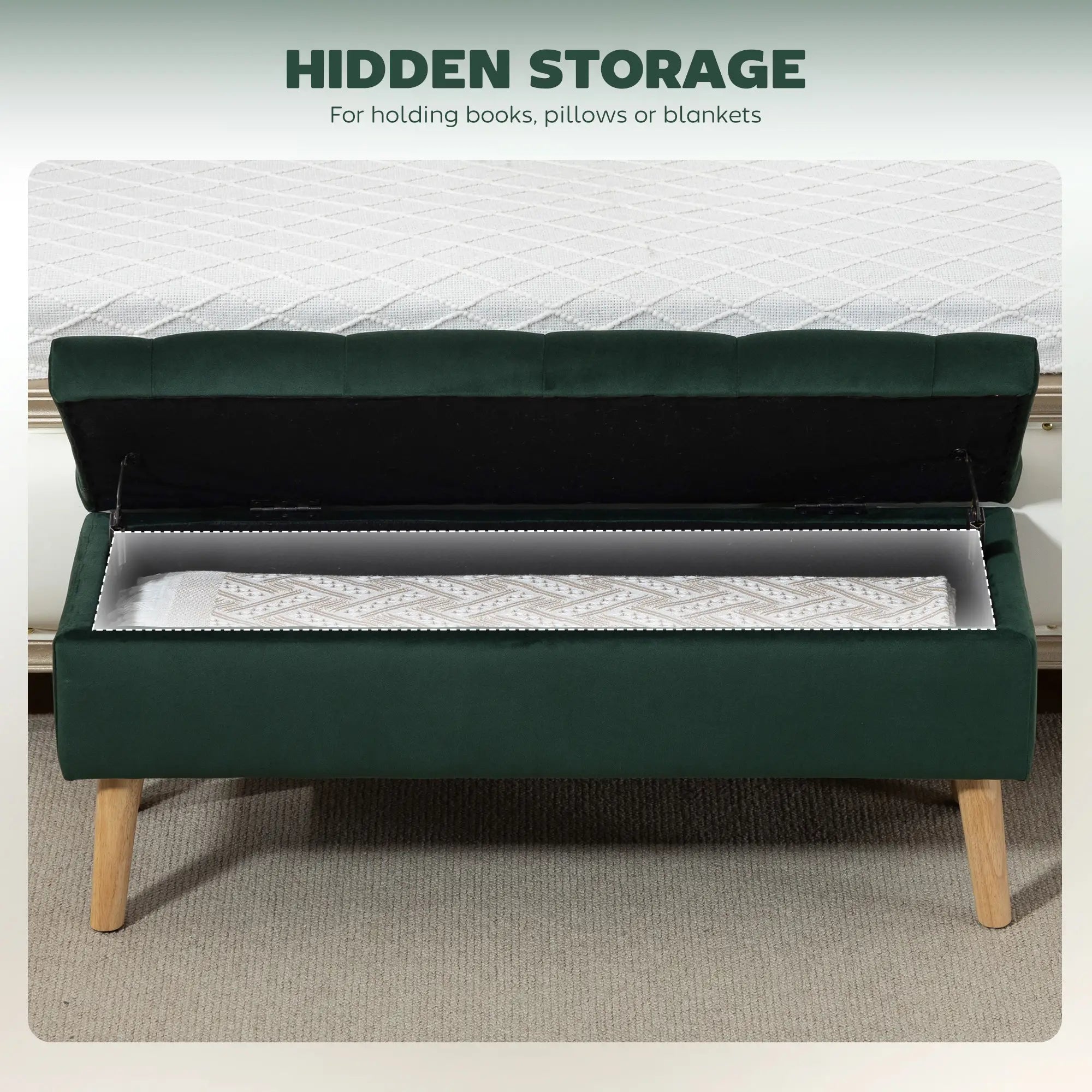 Velvet Storage Ottoman with Lid, Wood Legs, Dark Green Storage Ottomans & Benches at Gallery Canada